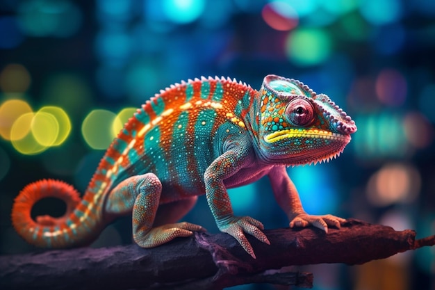 Un camaleón colorido está sentado en una rama.