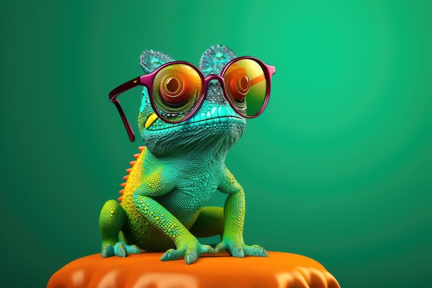 Camaleón de dibujos animados con gafas sobre un fondo verde renderizado 3d Camaleón colorido en una rama sobre fondo de naturaleza borrosa AI generado