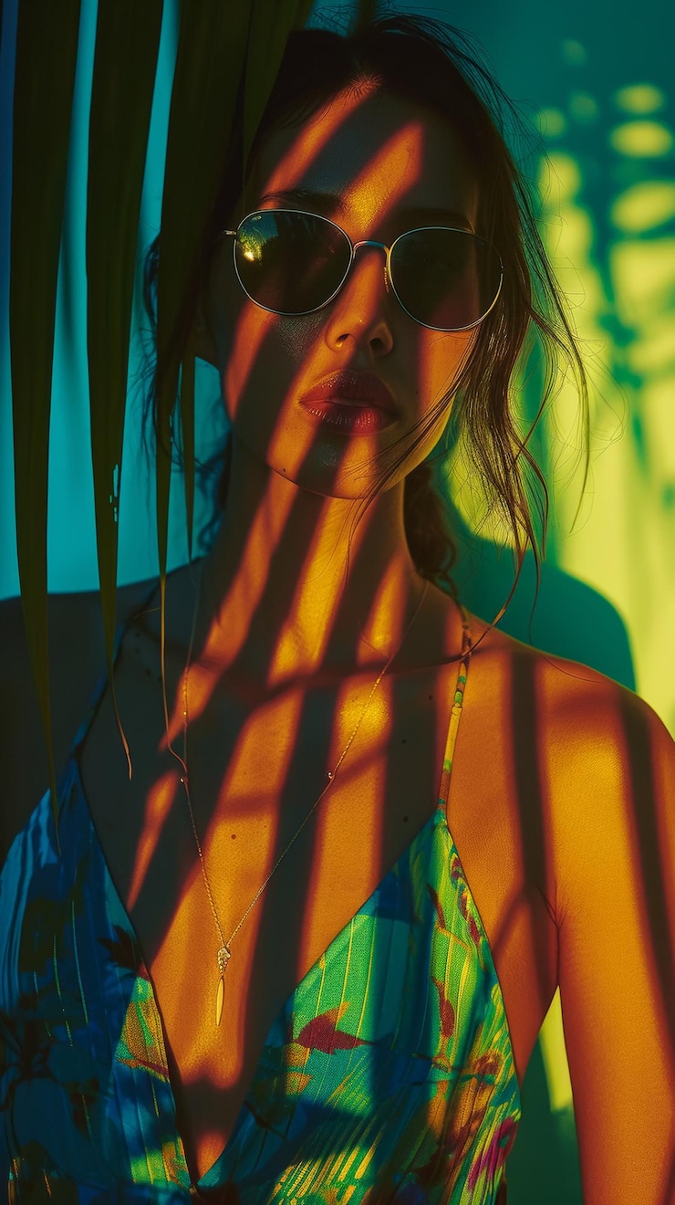 Camaleón elegante en un vestido de color bloqueado con gafas de sol de gran tamaño