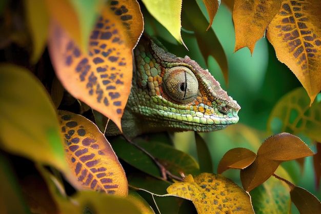 Camaleón escondido entre las hojas de un árbol manteniéndose perfectamente quieto
