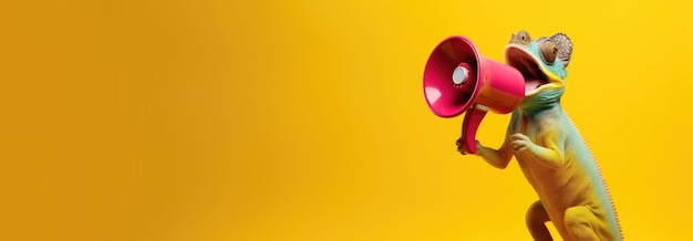 Foto un camaleón feliz sosteniendo un megáfono amarillo hablando en él con fondo sólido amarillo