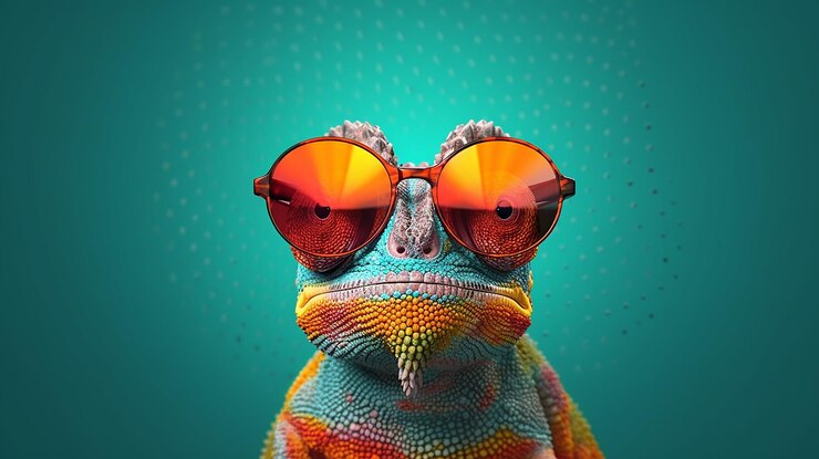 camaleón con gafas de sol sobre un fondo de color sólido IA generativa