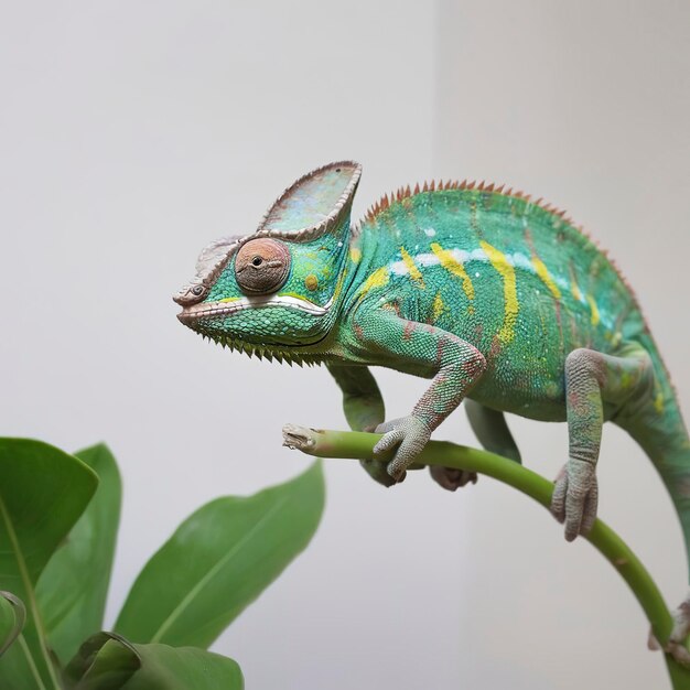 Un camaleón lindo en una planta en casa.