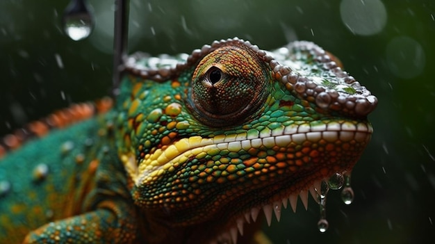 Un camaleón bajo la lluvia con la palabra camaleón en el lado izquierdo