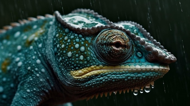 Un camaleón bajo la lluvia con la palabra camaleón