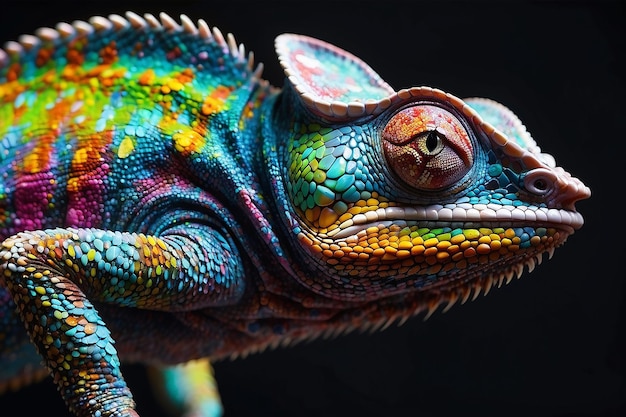 Foto camaleón multicolor realista con piel iridescente en manchas sobre fondo negro