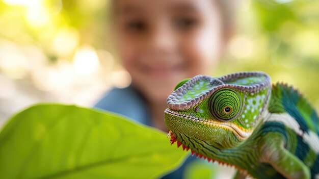 Camaleón en primer plano en el bosque niño feliz mira reptil verde lagarto grande en niño sonriente fondo macro vista de animal salvaje fuera de casa concepto de naturaleza vida silvestre