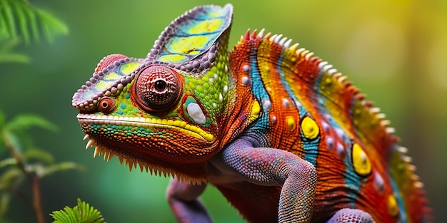 Foto un camaleón de primer plano colorido con una cresta alta en su cabeza ia generativa