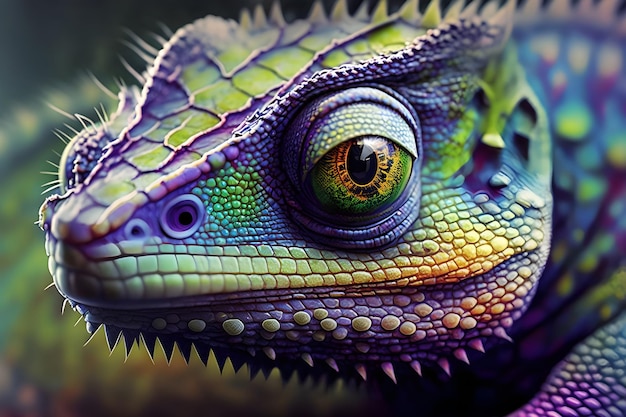 Camaleón púrpura en primer plano con gran ojo Ilustración digital de la cabeza del camaleón Hermosa piel colorida en detalle Retrato de reptil Vida silvestre en la selva La imagen es generada por IA