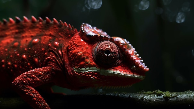 Foto un camaleón rojo con un gran ojo y una gran cabeza roja.