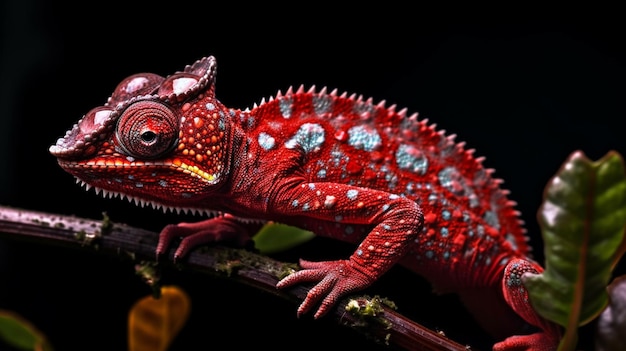 Un camaleón rojo con un patrón blanco y azul en la cabeza.