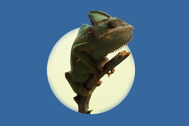 Un camaleón se sienta en una rama con un fondo azul.