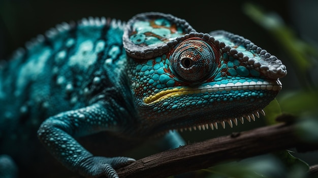 Un camaleón se sienta en una rama con un fondo verde.