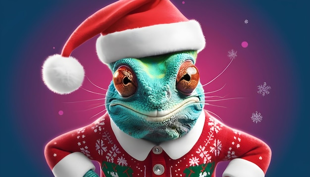 un camaleón con un sombrero de Papá Noel