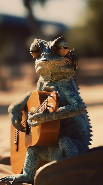 Foto un camaleón tocando una guitarra con cabeza verde.