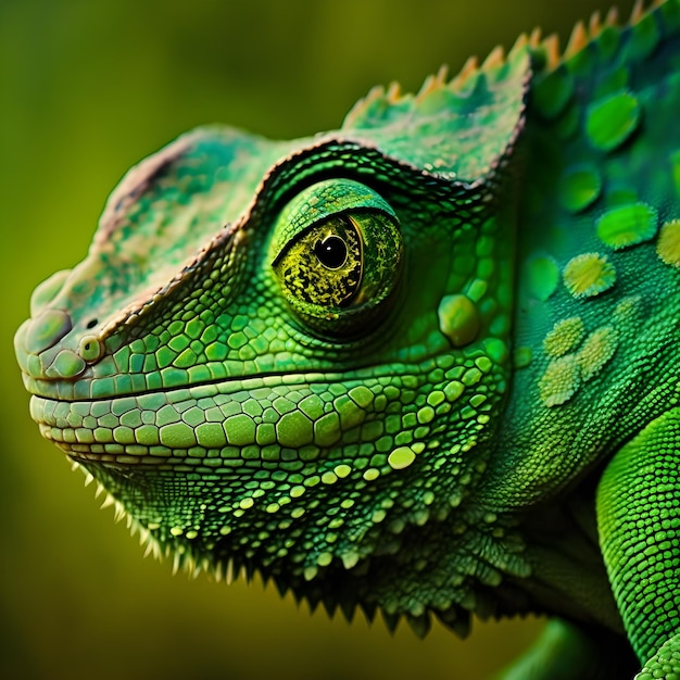 Un camaleón verde y azul está posado en una rama.