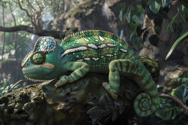 un camaleón verde con una cara verde se sienta en una roca