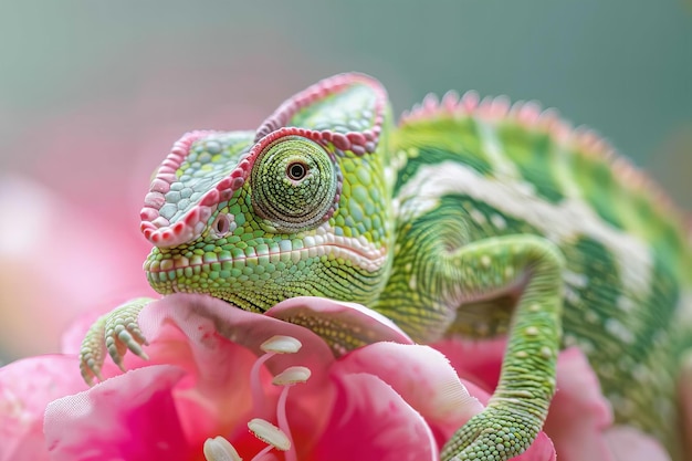 El camaleón verde en flor