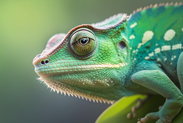 Camaleón verde con piel texturizada primer plano fondo tropical borroso IA generativa