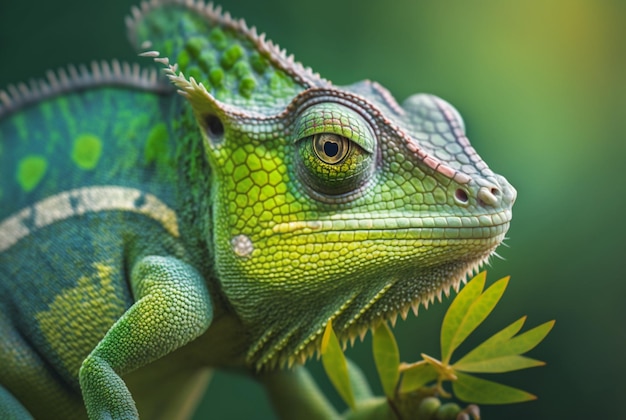 Camaleón verde con piel texturizada primer plano fondo tropical borroso IA generativa