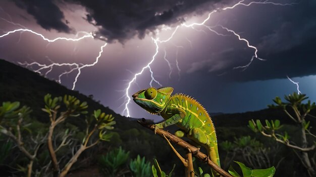 Foto un camaleón verde está sentado en una rama