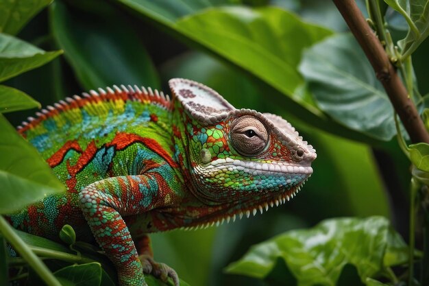 El camaleón vibrante se fusiona con el follaje verde