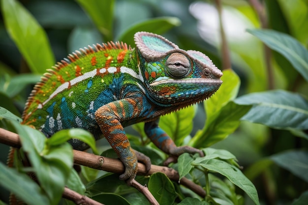 El camaleón vibrante se fusiona con el follaje verde