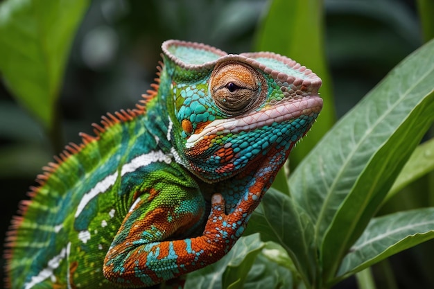 El camaleón vibrante se fusiona con el follaje verde