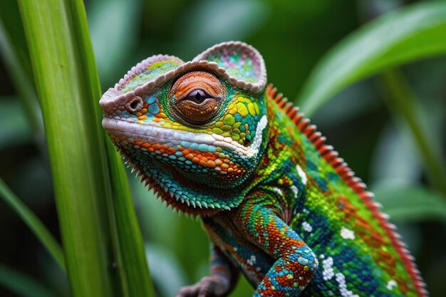 El camaleón vibrante se fusiona con el follaje verde