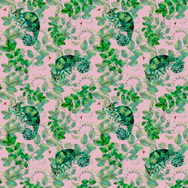 Camaleones con patrón floral adornado ilustración acuarela