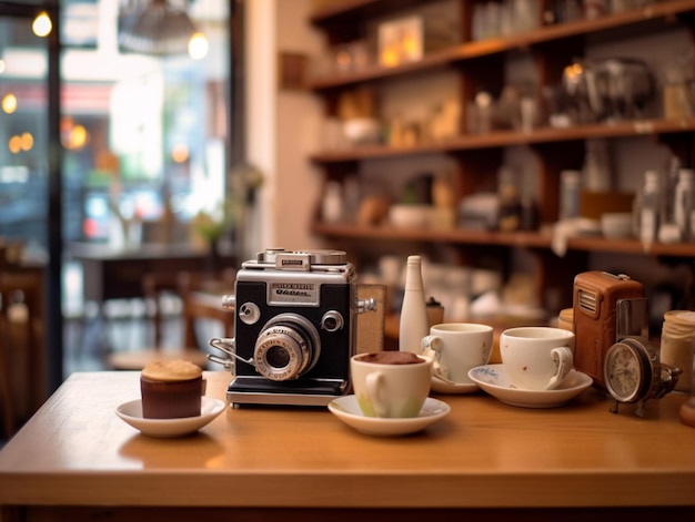 Una cámara antigua se sienta en un mostrador con tazas de café y platillos.