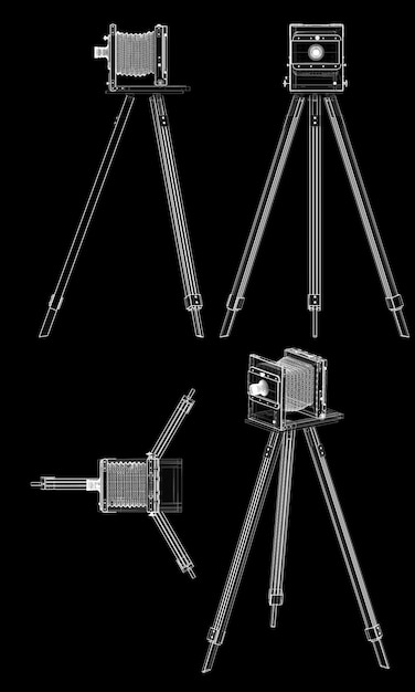 Foto cámara antigua en un trípode en el modelo de marco de fondo