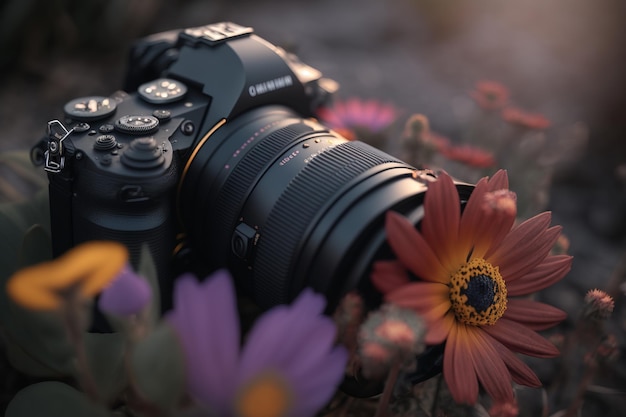 Foto una cámara canon con una flor morada en primer plano