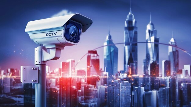 Cámara de CCTV en la ciudad con espacio de copia