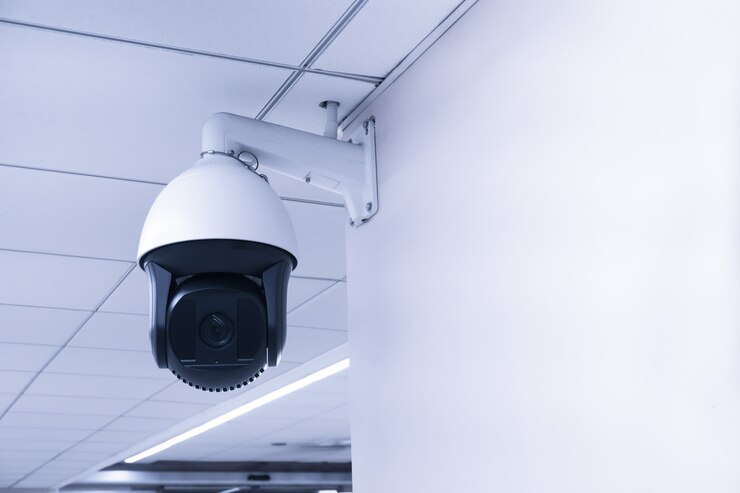 Câmara CCTV de segurança ou sistema de vigilância no edifício, Circuito fechado de televisão, Câmara CCTV moderna na parede.
