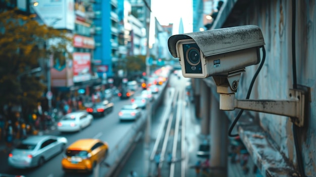 Una cámara de CCTV montada en una pared con vistas a una calle concurrida que proporciona vigilancia de seguridad en entornos urbanos