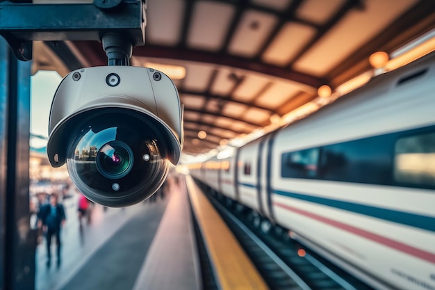 Cámara CCTV que funciona en la red neuronal de la plataforma de la estación de tren generada por IA