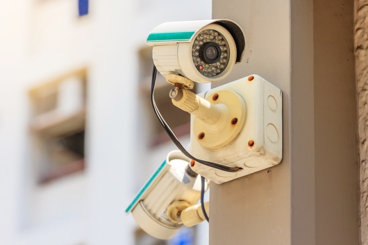 Foto cámara de cctv de seguridad o sistema de vigilancia en un edificio de oficinas sobre fondo de cielo azul