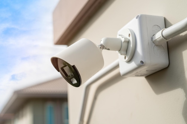 Foto cámara de circuito cerrado de cctv en el concepto de sistema de seguridad de la casa de pared