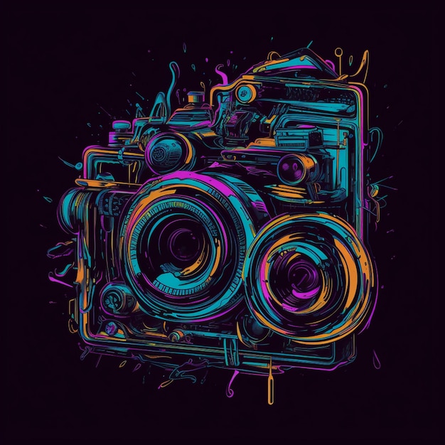 Una cámara colorida con un fondo negro y la palabra cámara.