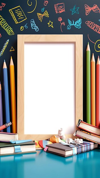 Foto câmara de aula cena livro de moldura de foto branca e lápis coloridos vertical mobile wallpaper