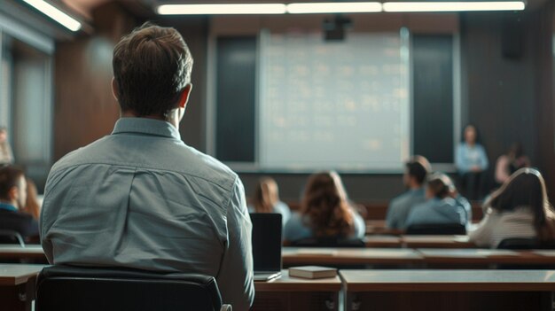 Foto câmara de aula moderna com professor universitário cenário acadêmico