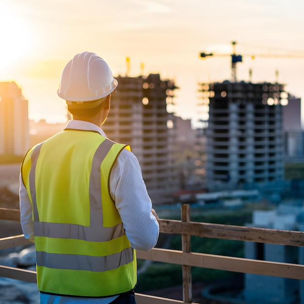 Foto câmara de construção ao pôr-do-sol homem de chapéu duro paisagem urbana edifícios altos luz dourada do sol para tão