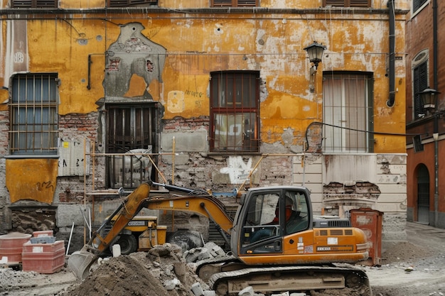 Foto câmara de construção ativa com máquinas de trabalhadores e andaimes em progresso