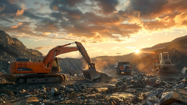 Câmara de construção dinâmica ao pôr-do-sol com máquinas pesadas em ação Excavadora cavando em uma pedreira de rocha Foto de paisagem industrial para projetos de IA