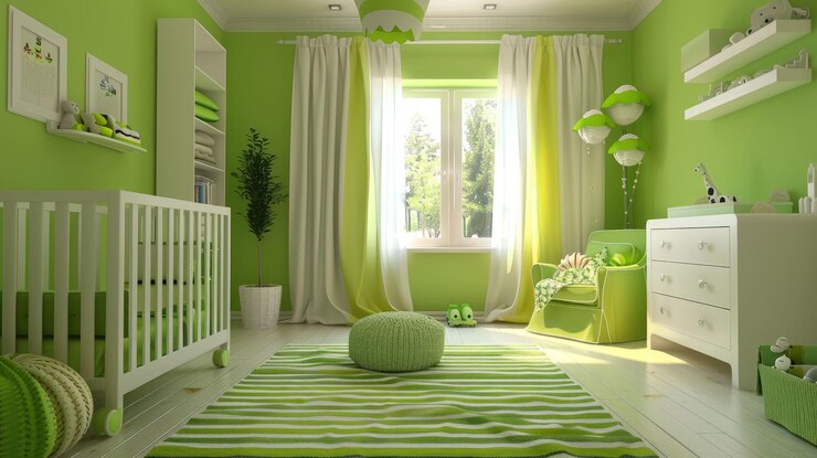 Foto câmara de infância elegante com tema verde com móveis modernos