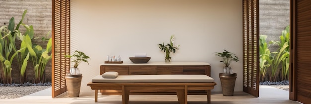 Câmara de massagem spa moderna de Bali com design minimalista, luz suave de cortinas transparentes