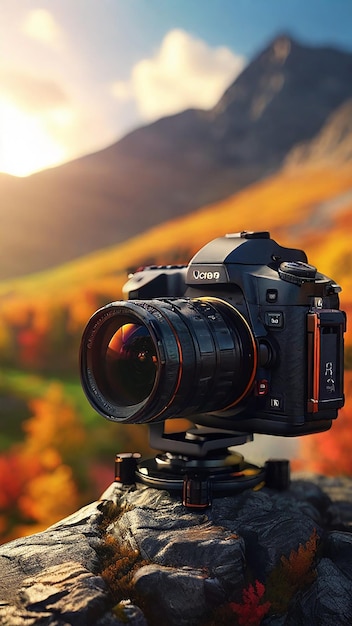 Cámara del día mundial de la fotografía en una pila de hojas secas IA generativa