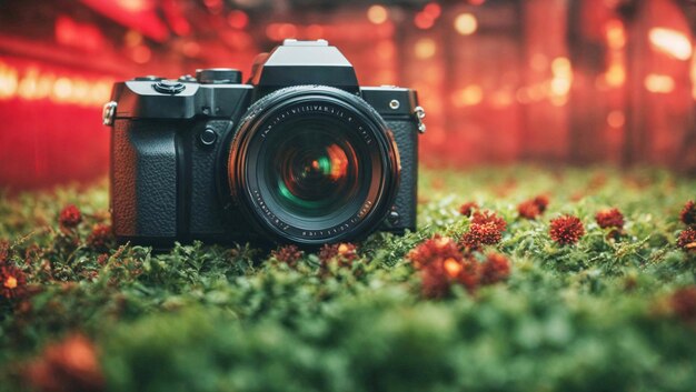 Foto una cámara sin espejo en un prado verde frente a un fondo rojo presentación fotográfica de productos