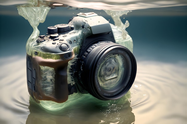 Cámara fotográfica slr moderna que cae bajo el agua con salpicaduras de agua arte generado por la red neuronal